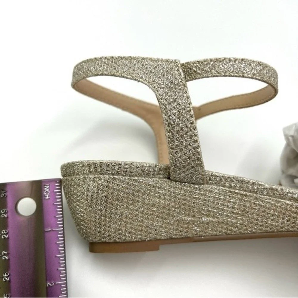 Paradox London Womens Size 7‎ Jackie Low Wedge Champagne Shimmer Dress Sandals